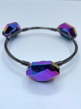 Gunmetal AB Crystal Wire Wrap Bangle Bracelet Iridescent Statement
